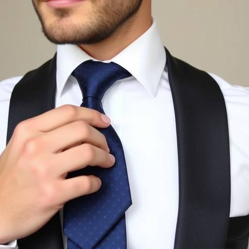 Homem ajustando uma gravata de seda azul escura com um padr&atilde;o discreto